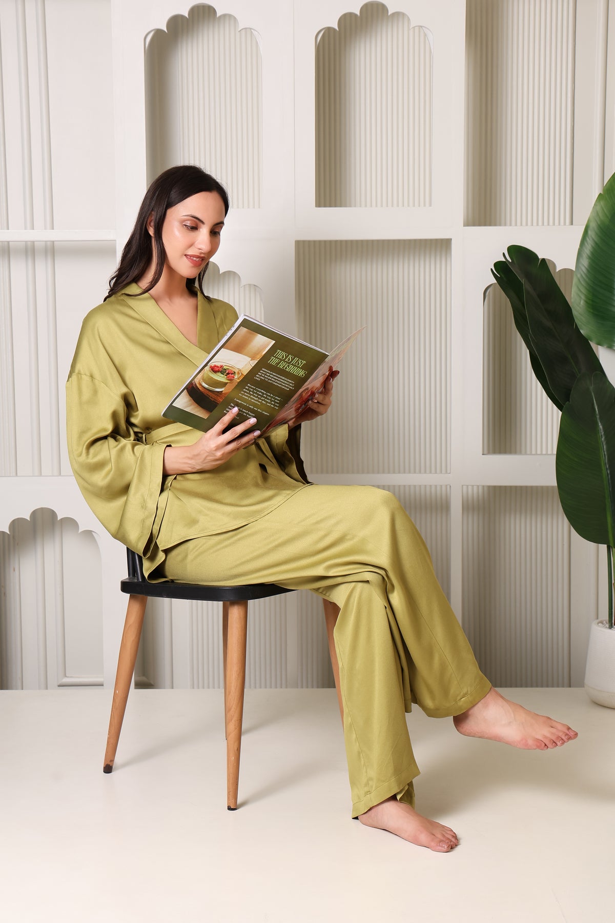 MiSaanjh satin kimono with relaxed wide-leg pyjama pants
