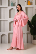 MiSaanjh women's pink satin robe front view
