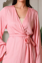 MiSaanjh pink satin robe with dramatic bell sleeves
