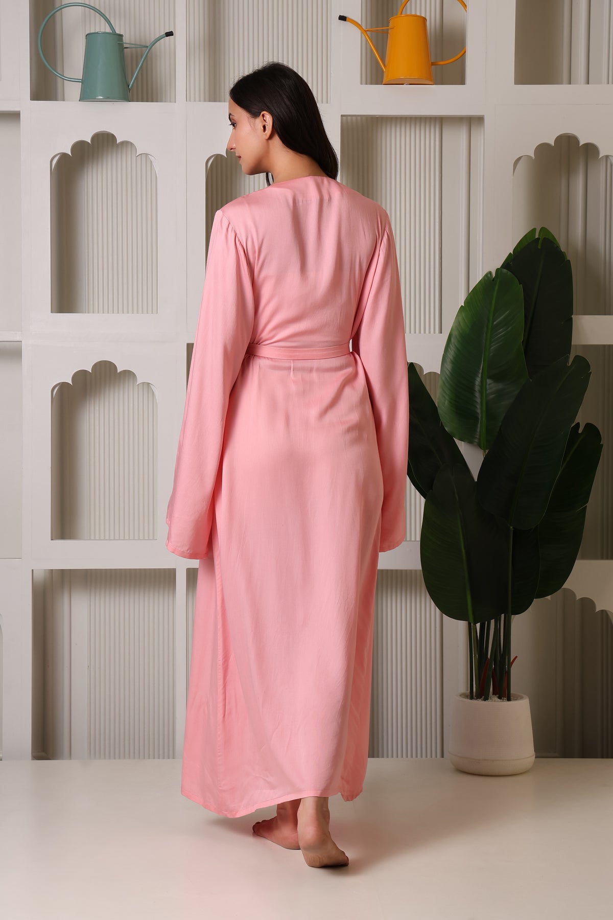 Back view of MiSaanjh pink satin robe 
