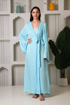 MiSaanjh women's blue satin robe front view
