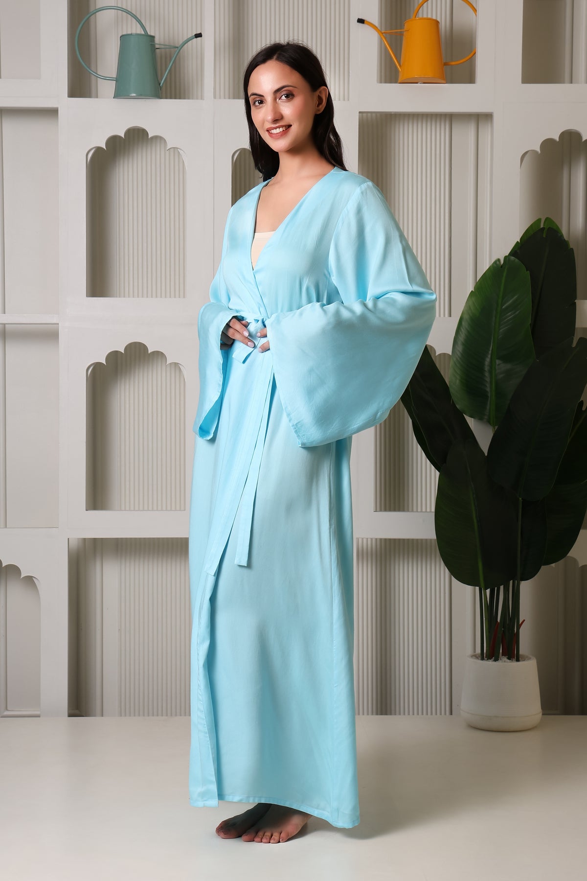 MiSaanjh blue satin robe with dramatic bell sleeves
