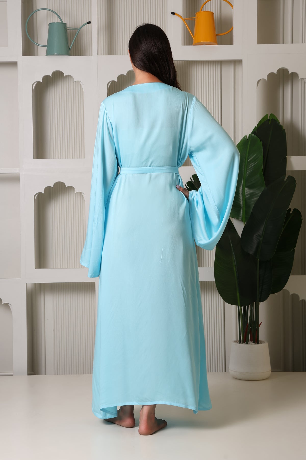 Back view of Misaanjh blue satin robe