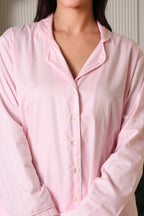 MiSaanjh women's pink cotton satin nightsuit front view

