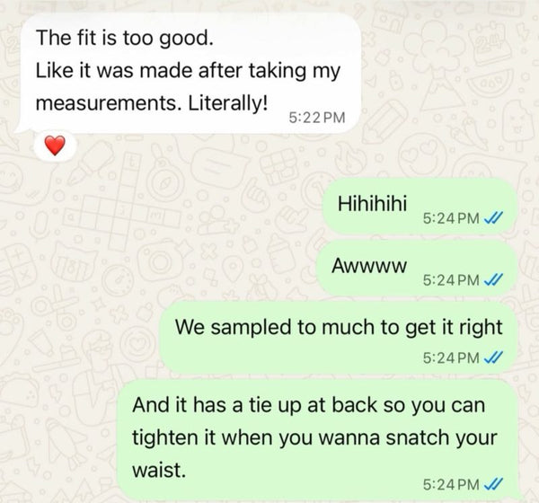 Customer message saying the fit is too good